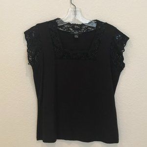 Alfani Black Short Sleeve Top with Lace Detail